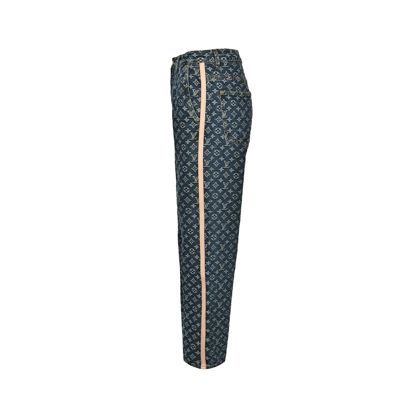 Louis Vuitton/Louis Vuitton all-over printed side leather strip washed blue jeans